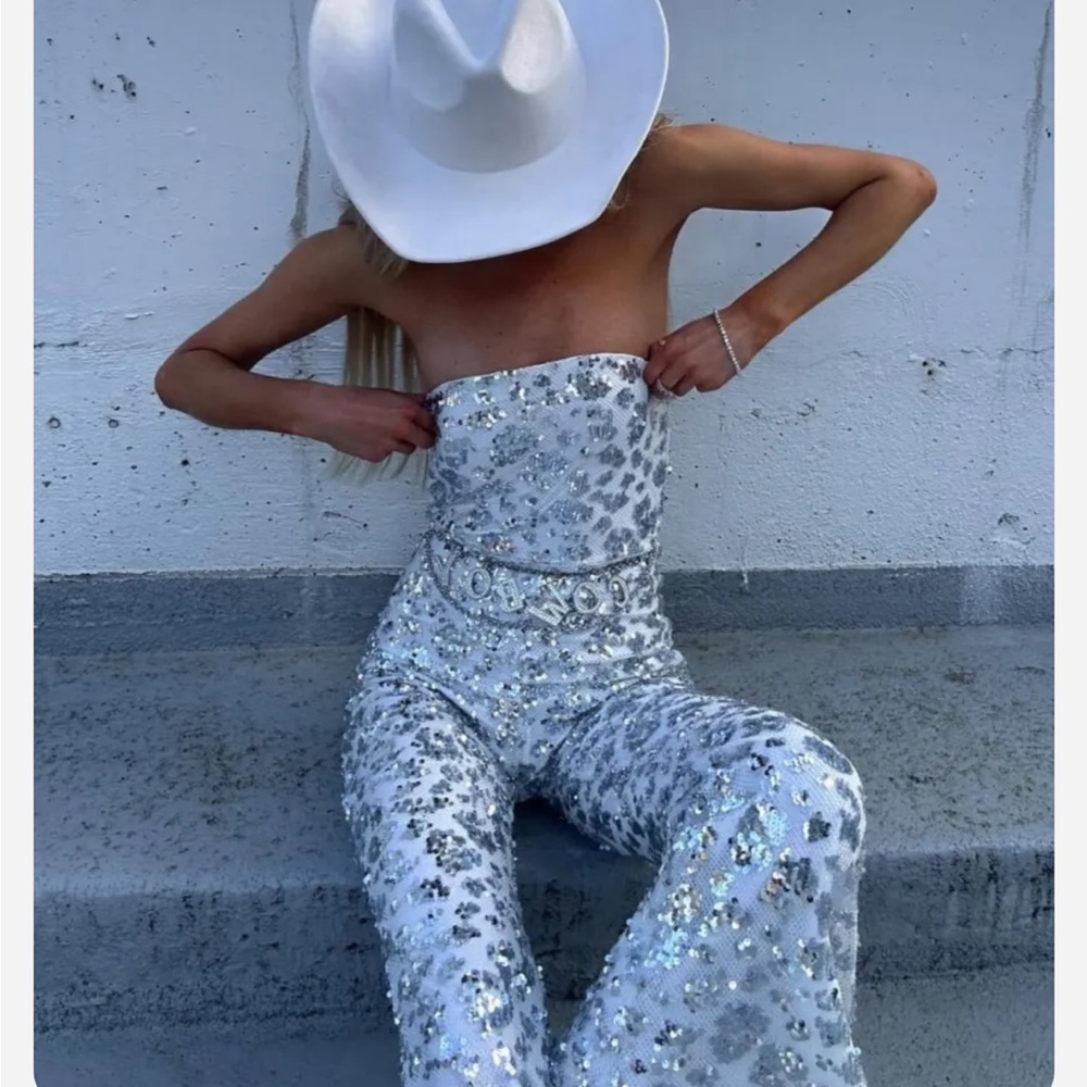 12th Tribe Silver Sequin Strapless Jumpsuit Small - Picture 2 of 6